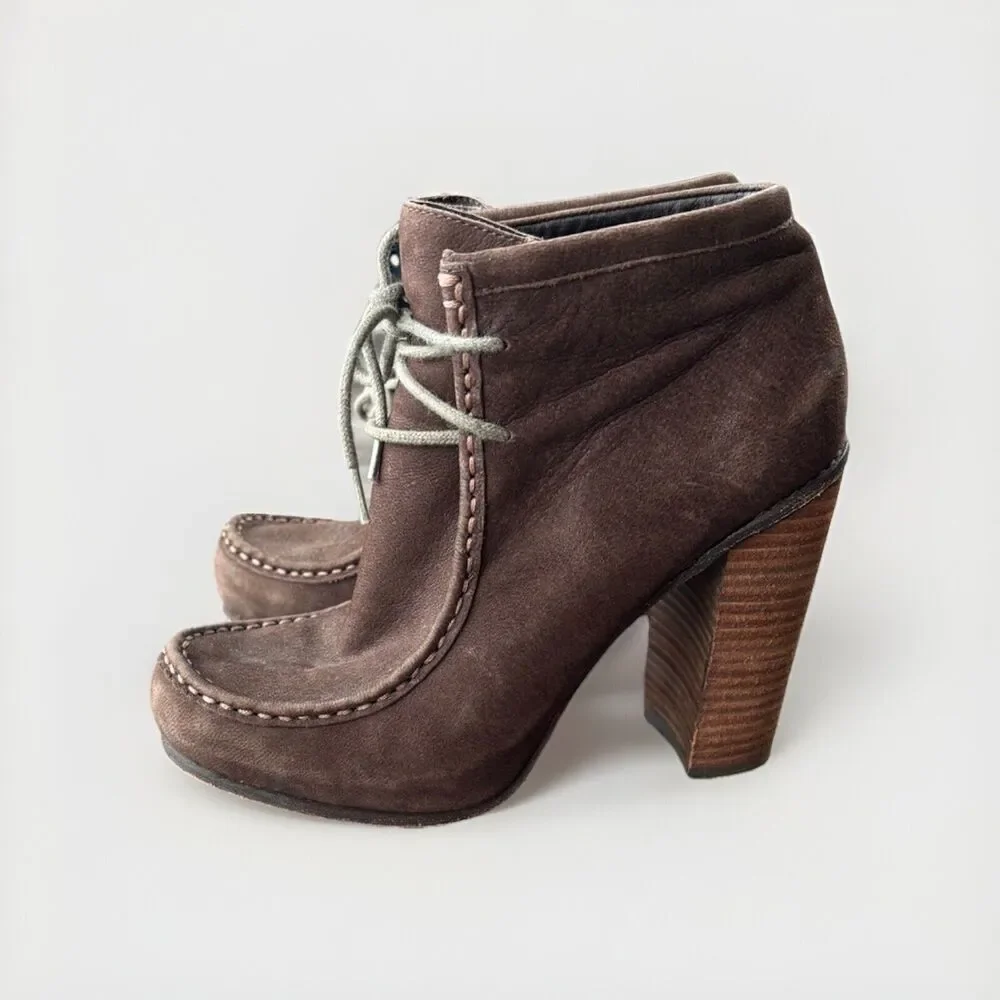 Dolce Vita Brown Suede Stacked Heel Booties Size 7 Heeled Boots Boho Moc Toe